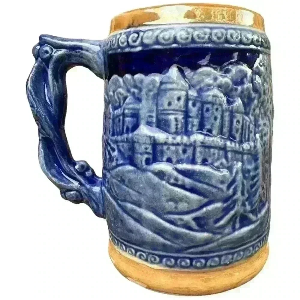 Vintage Montana souvenir beer stein mug blue & brown luster glaze made in Japan